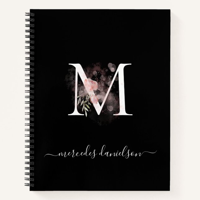 Carnet Moderne Monogramme Floral Noir Blanc Rose Pâle (Devant)