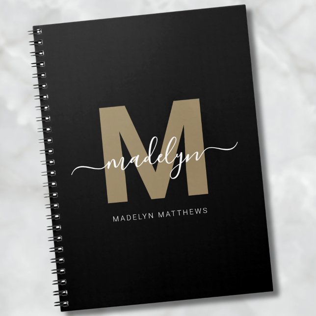 Carnet Moderne monogramme initial nom écriture Or Noir (Modern Black Gold Script Name Initial Monogram notebook)