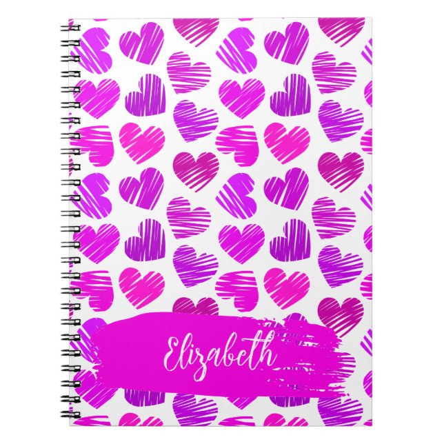 Carnet Moderne Purple Rose Doodled Hearts Valentine Nom (Devant)