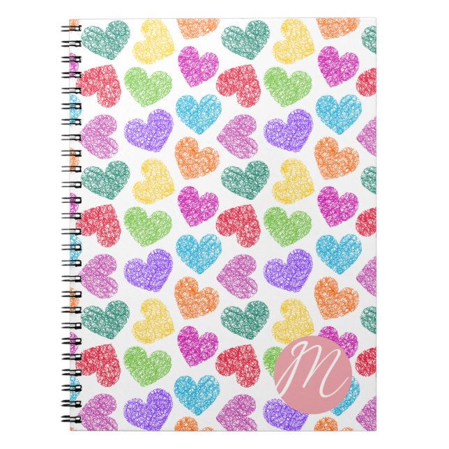 Carnet Moderne Vibrant Rainbow Doodle Hearts Monogramme (Devant)