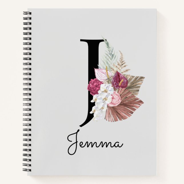 Carnet Monogram Pink Boho Girly Floral Initial J (Devant)