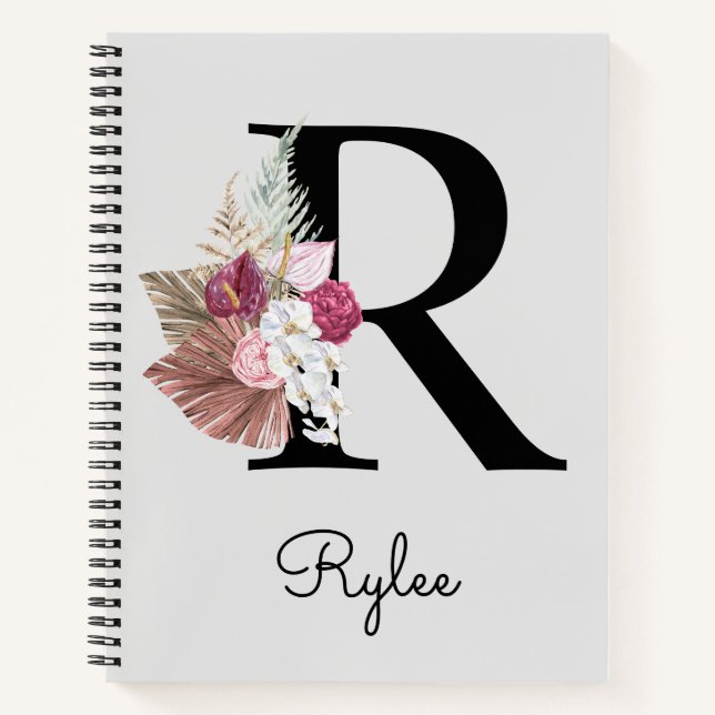Carnet Monogram Pink Boho Girly Floral Initial R (Devant)
