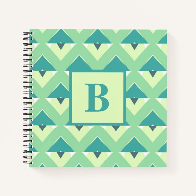 Carnet Monogramme à motif géométrique bleu et sarcelle (Devant)