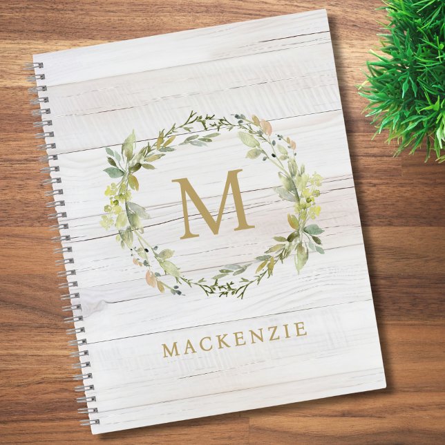 Carnet Monogramme aquarelle florale en bois rustique (Créateur téléchargé)