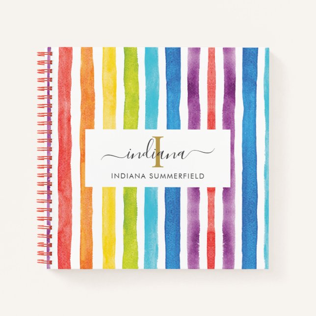 Carnet Monogramme Arc-en-ciel Rayures colorées Nom Aquare (Devant)