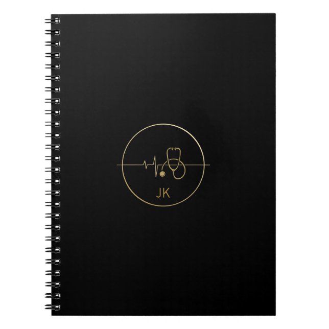 Carnet Monogramme Black Gold Médicale Stethoscope Heartbe (Devant)