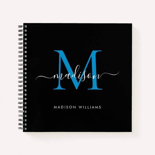 Carnet Monogramme bleu noir élégant Nom initial du script (Devant)