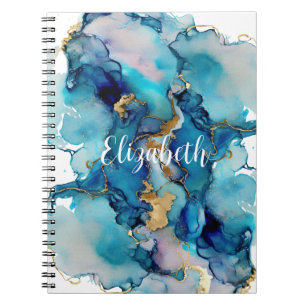 Carnet Monogramme Bleu Or Lavage Splash Aquarelle Abstrai