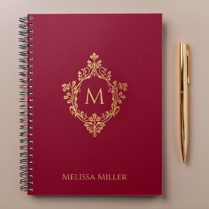 Carnet Monogramme Bourgogne Vintage Faux Gold Crest Nom