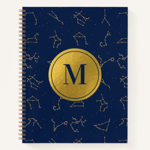 Carnet Monogramme de constellations de Zodiac bleu or et