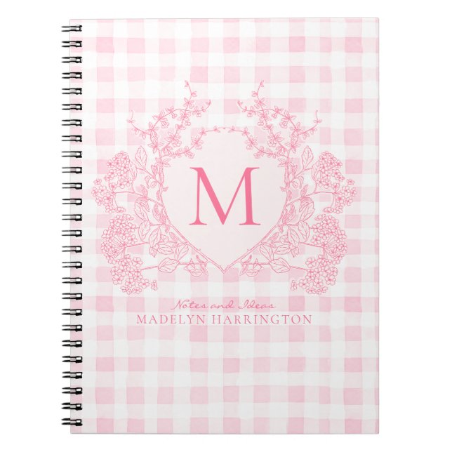 Carnet Monogramme de crête florale rose En vichy (Devant)