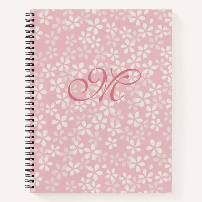 Carnet Monogramme de fleurs de cerisiers. Rose poussiéreu (Devant)