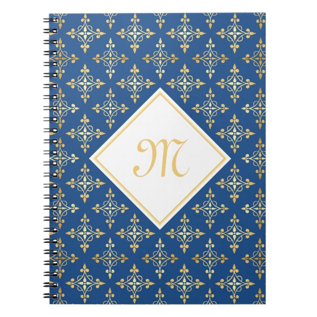 Carnet Monogramme de luxe Blue et Gold Quatre Floral (Devant)