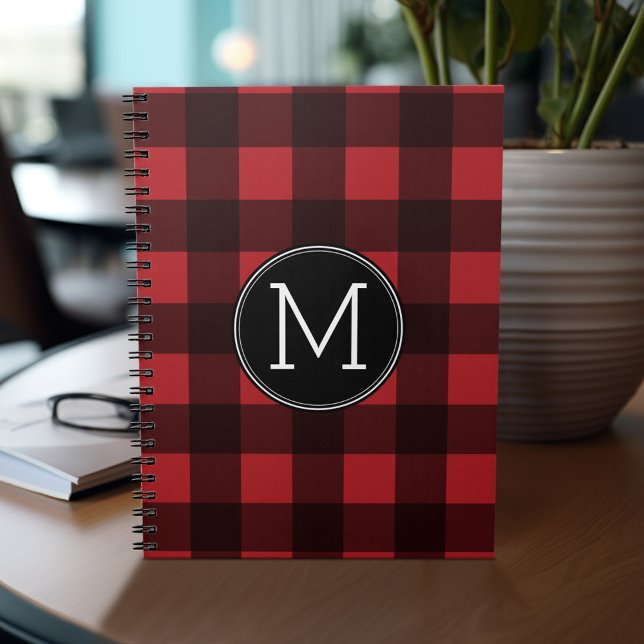 Carnet Monogramme de Motif de buffle rouge et noir rustiq (Personalized notebook - add name and custom text)