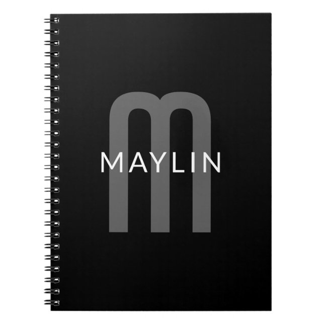 Carnet Monogramme de nom à l'aspect moderne | Noir Gris B (Devant)