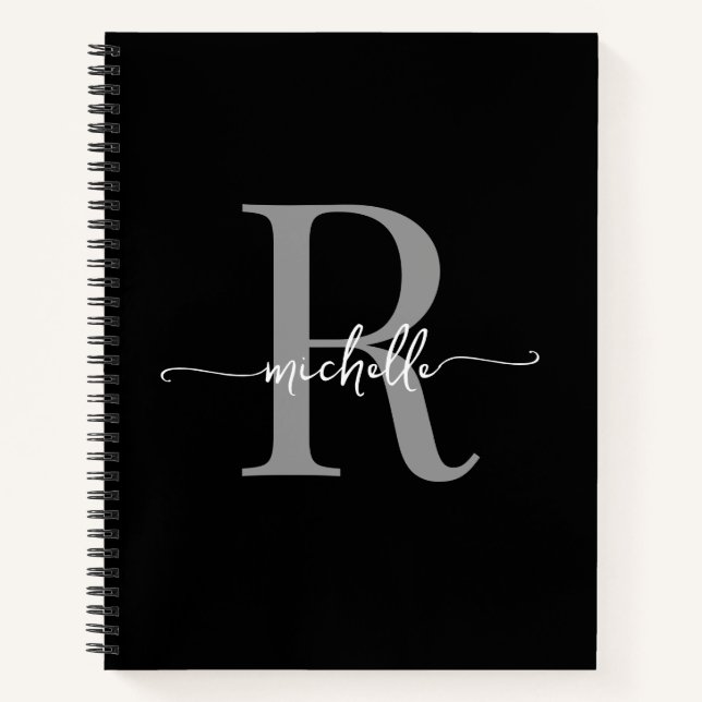 Carnet Monogramme de nom de script gris noir girly modern (Devant)