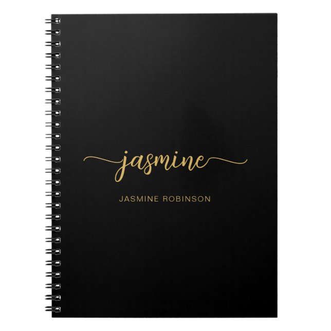 Carnet Monogramme de nom de script moderne or noir fémini (Devant)