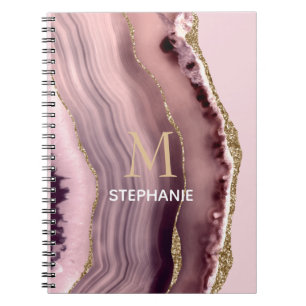 Carnet Monogramme de nom en géode d'agate rose et violet