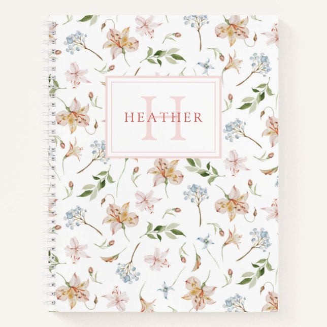 Carnet Monogramme de nom floral aquarelle rose de printem (Devant)