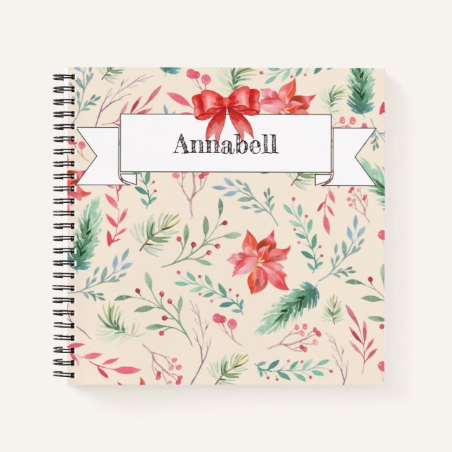 Carnet Monogramme de ruban à motif floral de Noël (Devant)