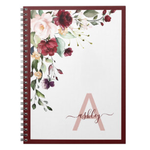 Carnet Monogramme de script floral Bourgogne Nom initial
