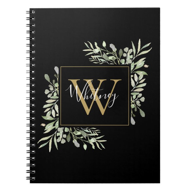 Carnet Monogramme d'or noir personnalisé Vert Floral (Devant)
