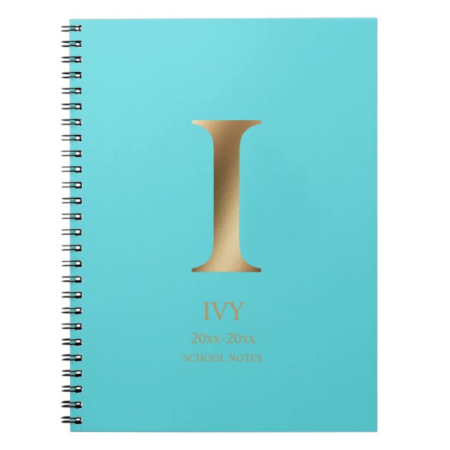 Carnet Monogramme d'or personnalisé | Turquoise (Devant)