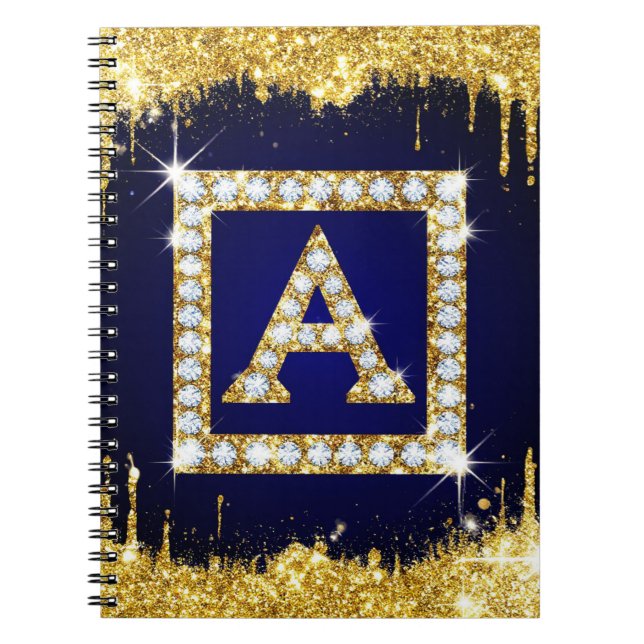 Carnet Monogramme doré initial A avec paillettes bleues (Devant)