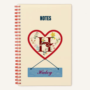 Carnet Monogramme du coeur floral - Nommé avec la lettre