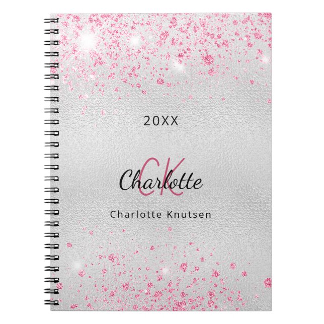 Carnet monogramme du nom de la parties scintillant rose a (Devant)