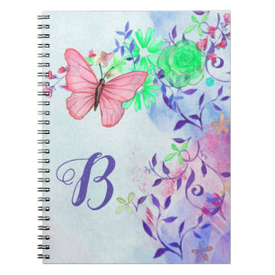 Carnet Monogramme Élégant Bleu Papillon rose Floral