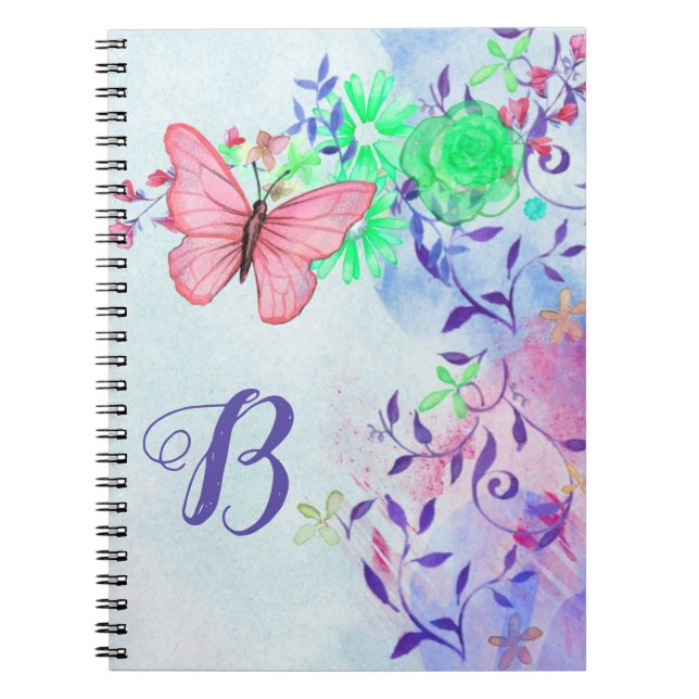 Carnet Monogramme Élégant Bleu Papillon rose Floral (Devant)