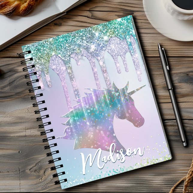 Carnet Monogramme élégant licorne aqua avec gouttes de pa (Créateur téléchargé)