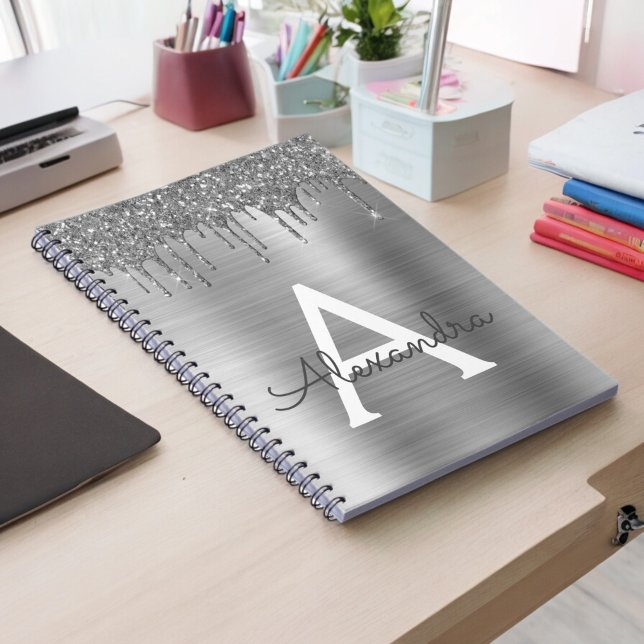 Carnet Monogramme en métal brossé avec paillettes argenté (Créateur téléchargé)