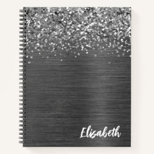 Carnet Monogramme en métal brossé gris paillettes argenté
