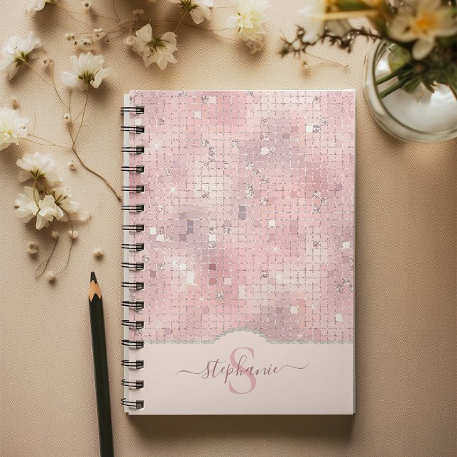 Carnet Monogramme en mosaïque de boule de disco rose (Blush Pink Disco Ball Mosaic Monogram Notebook)