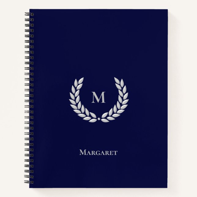 Carnet Monogramme et laurier gris argent sur Noteboo bleu (Devant)