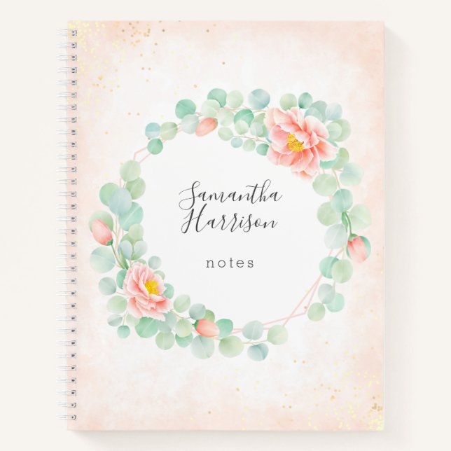 Carnet Monogramme Eucalyptus Peony Flore Wreath Peach Sag (Devant)