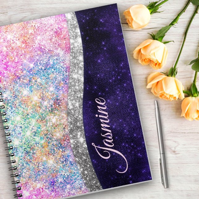 Carnet monogramme faux paillettes argent violet iridescen (Créateur téléchargé)