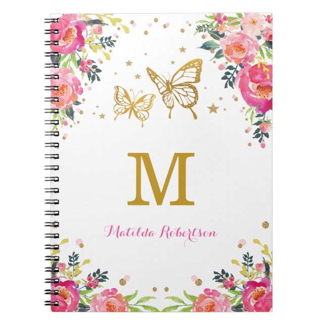 Carnet Monogramme floral de papillon d'or de jolie (Devant)
