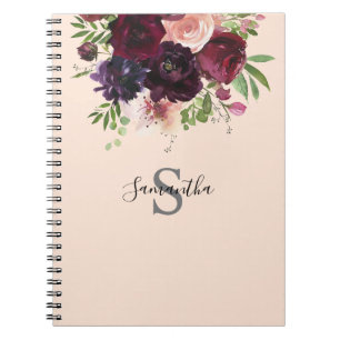 Carnet Monogramme floral rose de Bourgogne et bleu