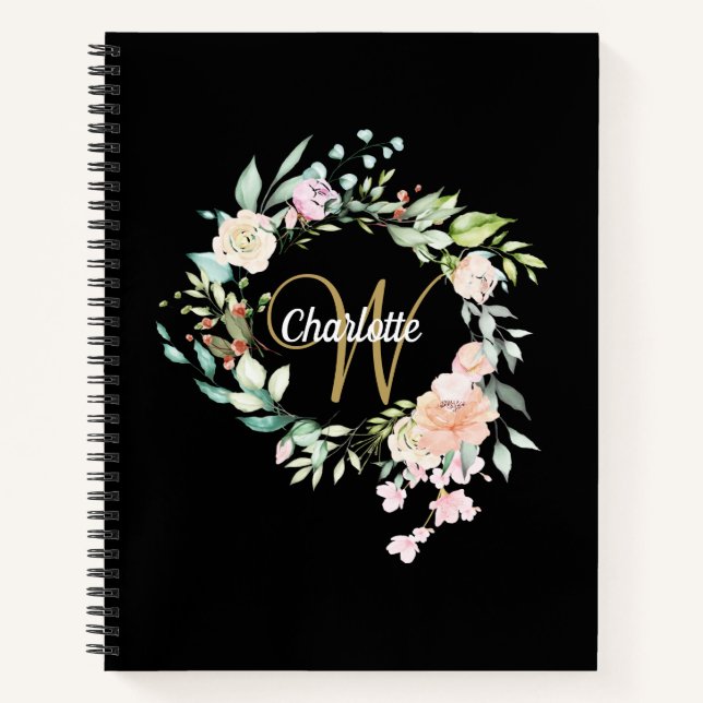 Carnet Monogramme Floral Rose Noir Et Or (Devant)