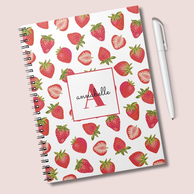 Carnet Monogramme fraise d'été personnalisée (Strawberry notebook with monogram and first name.)