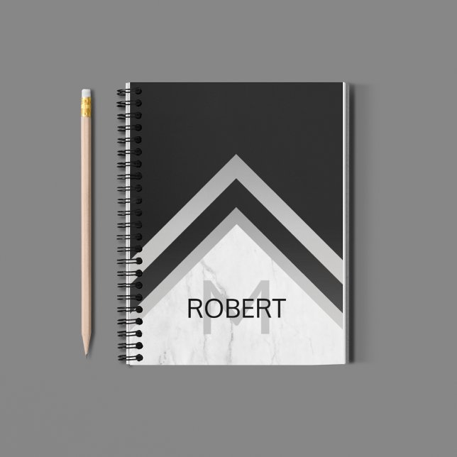 Carnet Monogramme Géométrique Chevron Noir Marbre Argent (Créateur téléchargé)