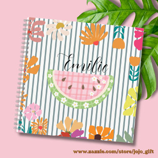 Carnet Monogramme girly floral motif rayé pastèque