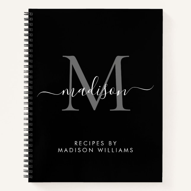 Carnet Monogramme gris argent noir Nom du script Recette (Devant)