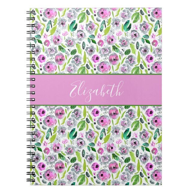 Carnet Monogramme Gris rose Vert Boho Aquarelle Florale (Devant)