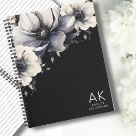 Carnet Monogramme initial floral moderne noir blanc
