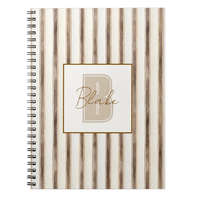 Carnet Monogramme Initial Nom Rayures Marron Crème (Devant)