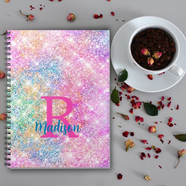 Carnet Monogramme iridescent rose licorne pailleté faux (Créateur téléchargé)